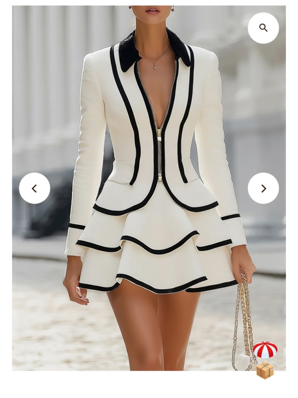 Black And White Contrast Slim Fit Ruffled Suit Set